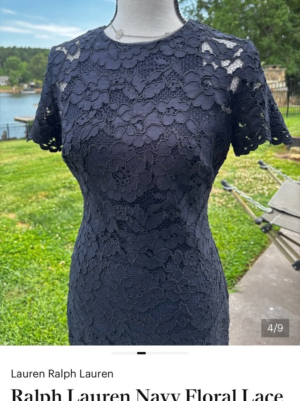 Ralph Lauren Navy Floral Lace Short-Sleeve Sheath Dress - Picture 4 of 5